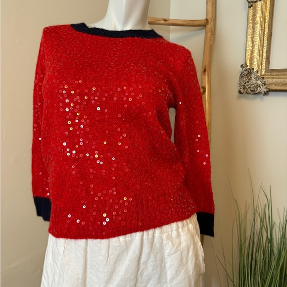 J. Crew Sweaters - J. Crew Red Sequin Sweater with Navy Trim Small NWT